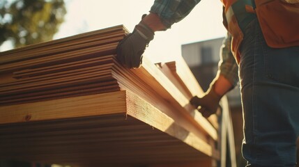 A construction worker unloading materials from a delivery truck. Featuring teamwork and organization