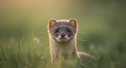 Stoat Staring in Grassy Field at Sunset