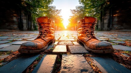 Fototapeta premium Striking close-up of well-worn burnished leather boots resting on a sidewalk surrounded by urban elements and textures