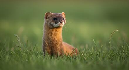 Fototapeta premium Stoat Looking Up in Green Grass Wildlife Scene