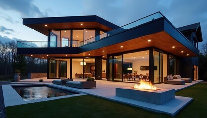 Fototapeta premium Modern architectural masterpiece featuring sleek design, outdoor lighting, and an inviting ambiance at dusk., 3D render.