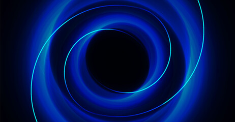 Ethereal Blue Vortex: Mesmerizing Circular Light Trails and Dark Core, Abstract Glowing Rings Against Black Backdrop, Concept for Energy and Space, Modern Art