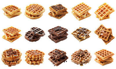 An Assortment of Delicious Waffles in Various Flavors and Textures Arranged Neatly for a Tempting Visual Display of Sweet Breakfast Treats. Piquant food set.
