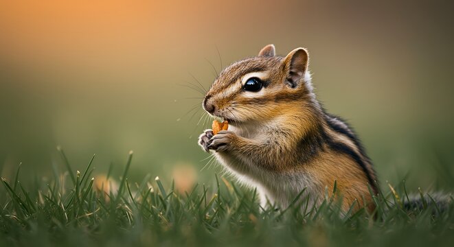 Chipmunk Eating Nut in Grassy Field Close-up