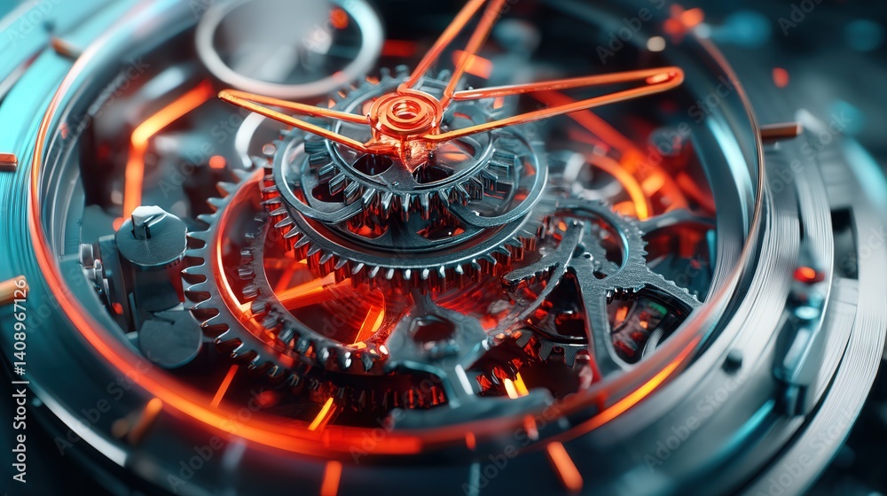 Poster detailed close-up of an intricate clock face with a red light illuminating the time in a captivating