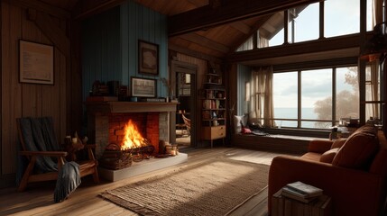 Cozy fireplace in a room featuring a large window, creating a warm and inviting atmosphere, Hello Summer background.