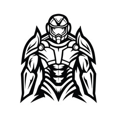 Futuristic Knight Silhouette, Black and White Illustration, Armor Design, Strong Warrior