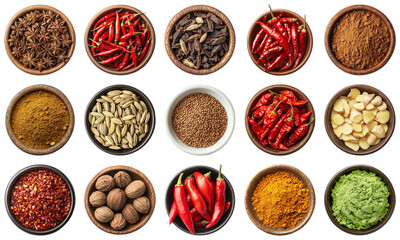 Array of Spices in Bowls Including Chilies, Ginger, Cinnamon, and Petals for Culinary Arts and Cooking in Vibrant Colors and Textures. Piquant food set.
