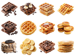 Delicious Variety of Waffles and Pancakes Displayed on a Bright Background, Featuring a Selection of Flavors and Toppings to Tempt Any Food Lover. Piquant food set.