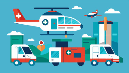 The air taxis were not only used for transportation of personnel but also for transporting valuable medical samples and supplies between different facilities further streamlining. Vector illustration