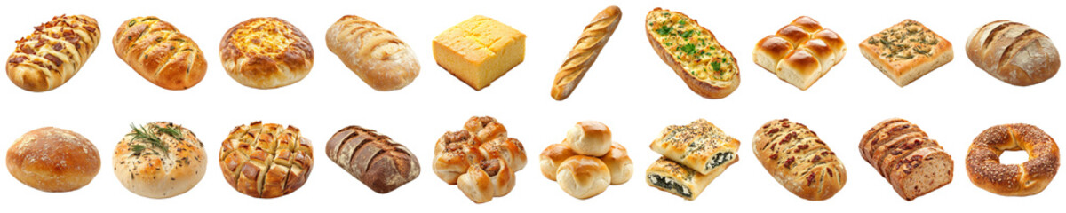 Variety of Freshly Baked Breads Displayed on White Background in Neat Arrangement, Showcasing Texture, Color, and Deliciousness of Different Bread Types. Piquant food set.