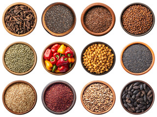 Diverse Selection of Spices and Seeds in Wooden Bowls Laid Out in a 4x3 Arrangement for Culinary Inspiration and Healthy Cooking Ideas. Piquant food set.