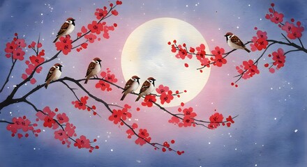Sparrows Perched on Cherry Blossom Branches Against a Moonlit Night Scene
