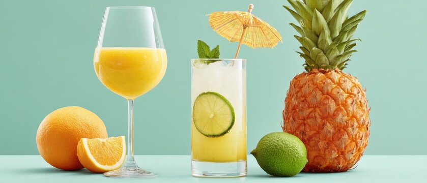 Two glasses of juice beside a pineapple on a surface, Hello Summer background. - Powered by Adobe