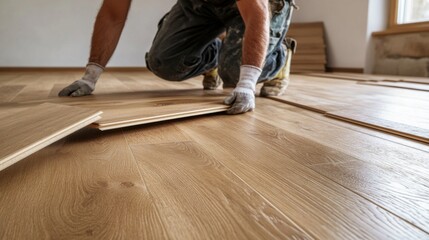 Carpenter installing wooden floorboards in a house. Featuring precision and skill