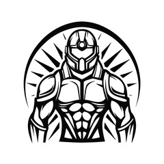Black and White Futuristic Warrior Isolated, Muscular Torso, Helmeted, Geometric Halo