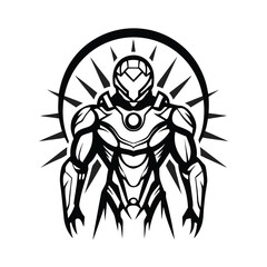 Futuristic Monochrome Robot Silhouette With Circular Spike Halo On Plain Backdrop