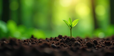 Fototapeta premium Tiny coffee bean seedlings emerging from soil in a lush forest environment, coffee bean, nature