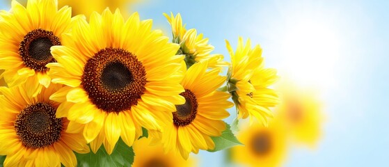 Obraz premium A vibrant vase filled with yellow sunflowers placed on a wooden table, Hello Summer background.