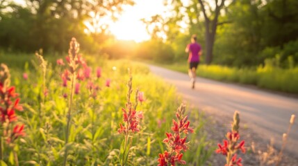 Obraz premium A person is running on a gravel path through vibrant wildflowers in the early morning light with trees in the background