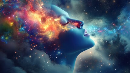 A woman's ethereal expression, a universe within, exhaling cosmic energy.