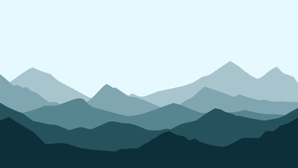 Landscape of mountain range scenery. Panoramic view of mountain peaks and ridges. Vector illustration of scenic landscape with majestic mountain range and ridges under dark blue sky
