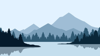 Landscape of mountain lake scenery. Panoramic view of mountain and pine forest with serene lake. Vector illustration of tranquil landscape with coniferous trees and mountain reflection on the water