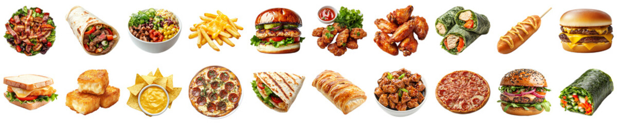 Colorful Collection of Delicious Fast Foods Including Tasty Sandwiches, Burgers, Pizza, Fries, and More for Mouthwatering Culinary Inspiration. Piquant food set.