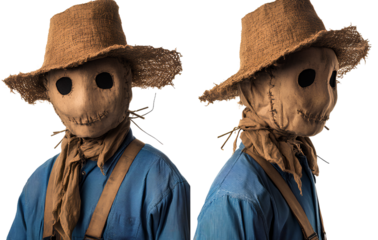 Two images side by side, a Scarecrow character wearing a blue shirt and suspenders with a hat on their head. The left one is slightly out of focus. Transparent background