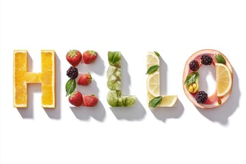 A colorful arrangement of fruits and vegetables forming letters in a playful design, Hello Summer background.