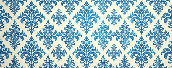 Intricate damask pattern in shades of blue and white on a cream background , damask, sophistication, white