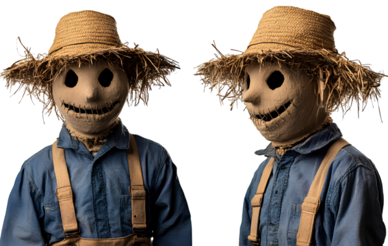 Two images side by side, front view of a scarecrow character wearing a blue shirt and suspenders with a straw hat on a transparent background
