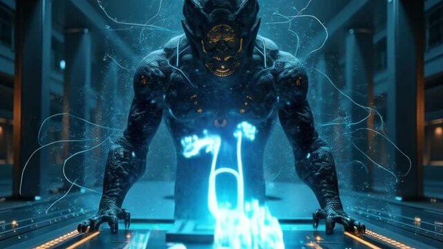 Futuristic digital demon or cybernetic entity emerging from a glowing interface in a dark high-tech chamber, surrounded by blue neon energy tendrils.

 - Powered by Adobe