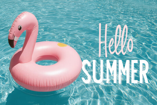 A pink flamingo floats on water, showcasing a cheerful Hello Summer message, Hello Summer background.