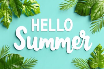 Obraz premium Hello summer text adorned with tropical leaves against a vibrant blue background, Hello Summer background.
