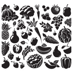 Vegetables, fruits, berries, vector silhouette