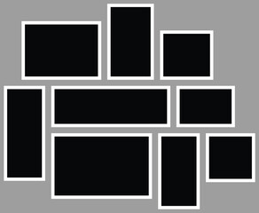 Modern Collage Photo Frame Layout Mockup. Contemporary Wall Gallery Design with Symmetrical Frame Arrangement, Mood Board Template for Interior D&eacute;cor, Portfolio Showcases, Web Banners and Presentation