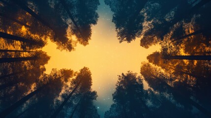 Obraz premium Soft orange and blue hues blend in the sky as tall trees frame a tranquil evening scene in a peaceful forest