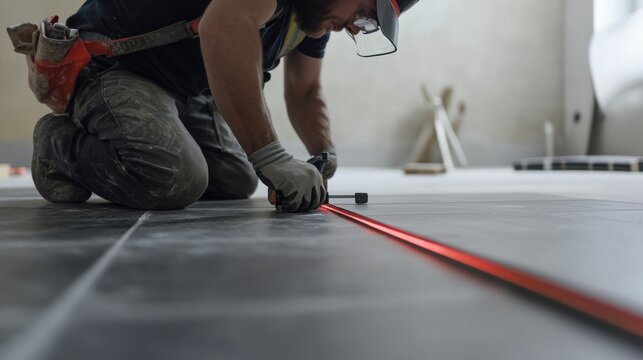 A construction worker using a laser level to align floor tiles. Featuring precision and care