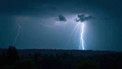 Powerful Lightning Strikes Over Dark Forest Under Stormy Night Sky