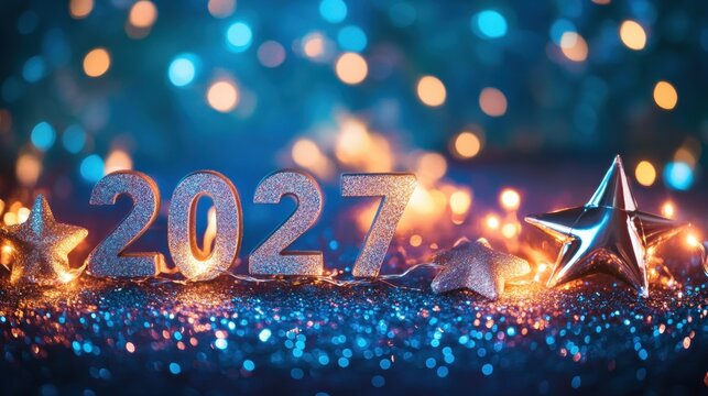 Colorful lights illuminate the shimmering numbers representing 2027 alongside stars, portraying a festive New Year??Ts Eve atmosphere