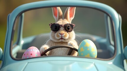 Easter bunny wearing a sunglass in a car