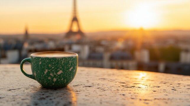 A cup of coffee sits on a table overlooking the Eiffel Tower as the sun sets, creating a warm and serene ambiance in Paris