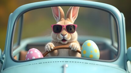 Easter bunny wearing a sunglass in a car