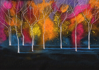 Bright colorful Night Autumn Nature landscape. Autumn trees with fallen leaves in dark. Artistic nature background. Watercolor painting on textured paper