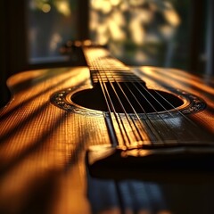 Obraz premium Beautiful light photography of acoustic guitar close up
