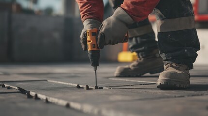 A construction worker using a power drill to install anchors. Featuring focus and precision