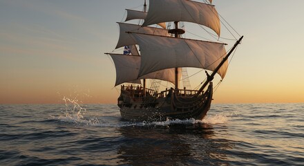 Obraz premium Sailing Ship on the Ocean at Sunset - Adventure and Exploration