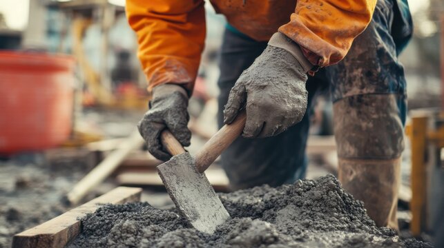 A construction worker testing the strength of concrete with a hammer. Featuring precision and expertise