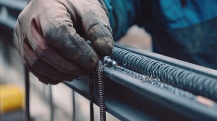 A construction worker tightening a bolt on a metal frame structure. Featuring expertise and attention to detail